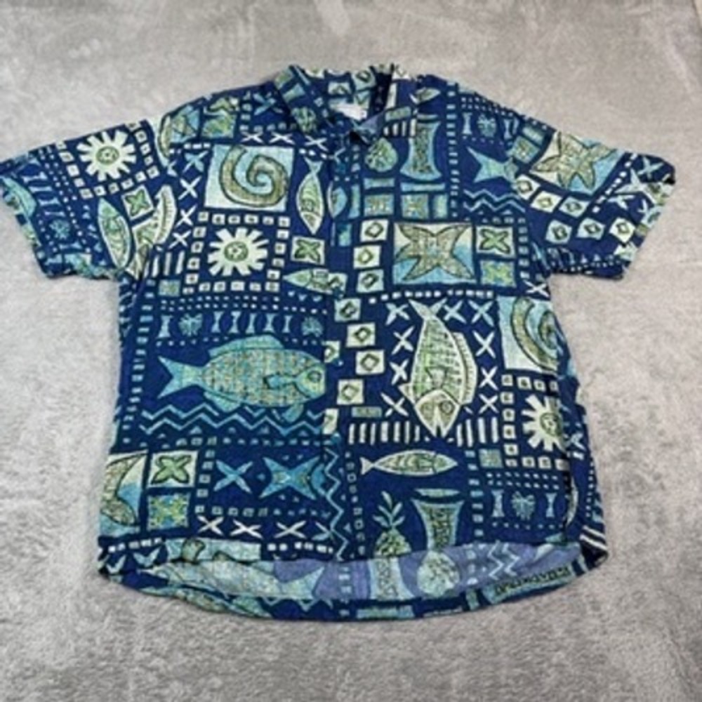Jams World Button Up Mens Medium Blue Anahola Bay Fish Aloha Shirt Hawaiian